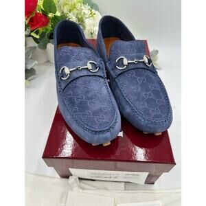 Men's Gucci blue suede GG embossed Driver loafer size 11 fits 11.5 made Italy